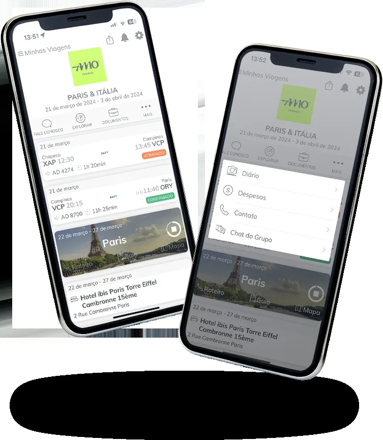 App Amo Embarque com roteiro dia a dia, voos, documentos e chat com a equipe