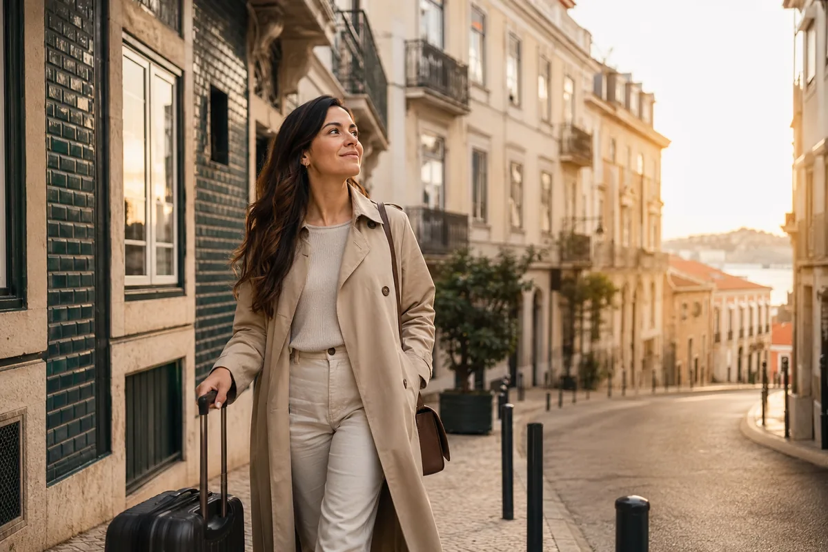 Mulher viajando sozinha com segurança e tranquilidade por uma rua de cidade europeia