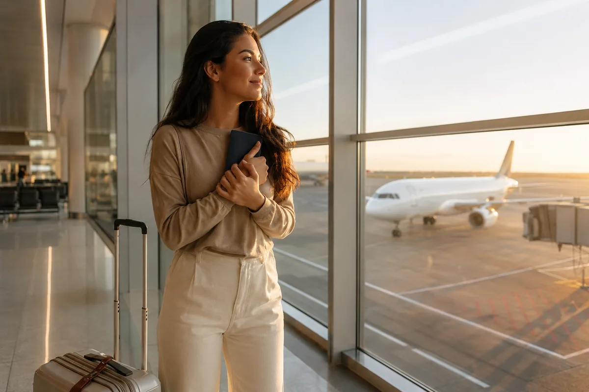 Viajante no aeroporto com passaporte na mão, tranquila antes da primeira viagem internacional