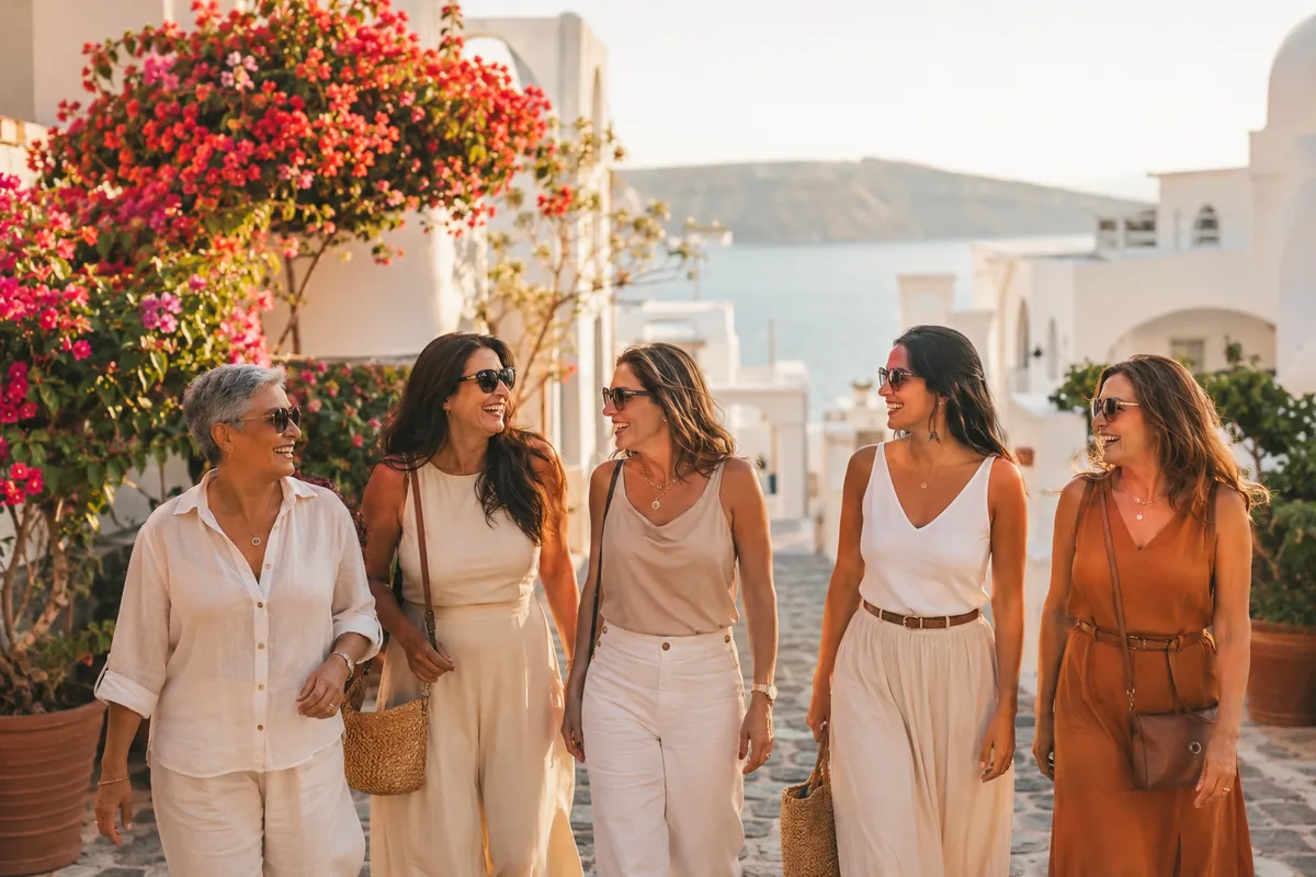 Grupo de mulheres viajando juntas e rindo em vila mediterrânea