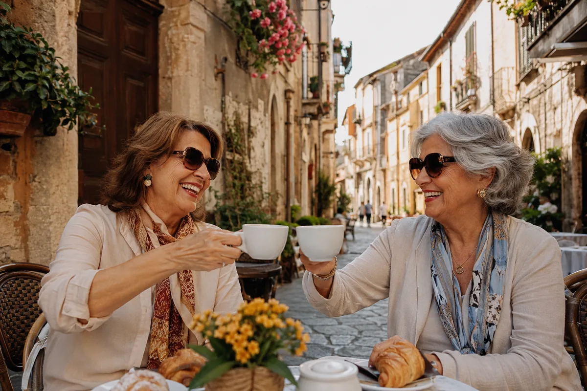 Duas mulheres na melhor idade tomando café juntas em café de calçada na Itália