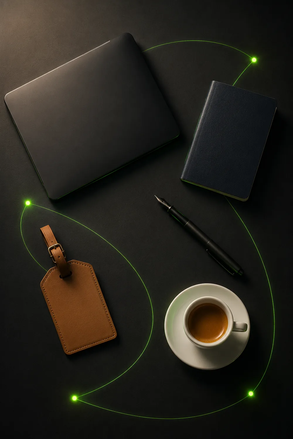 Composição sobre mesa escura com notebook, caderno, caneta, etiqueta de bagagem de couro e xícara de café, ligados por traços de luz verdes