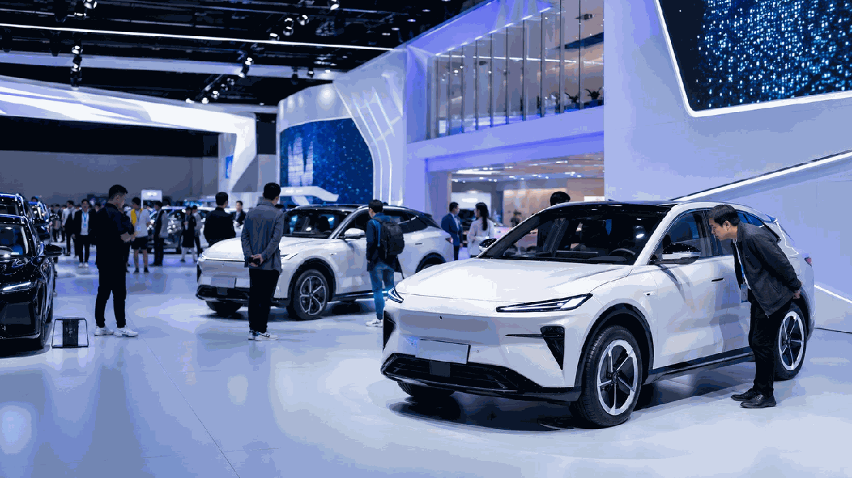 SUV elétrico branco em showroom da Canton Fair 2026 Guangzhou — veículos elétricos chineses disponíveis para importação no Brasil
