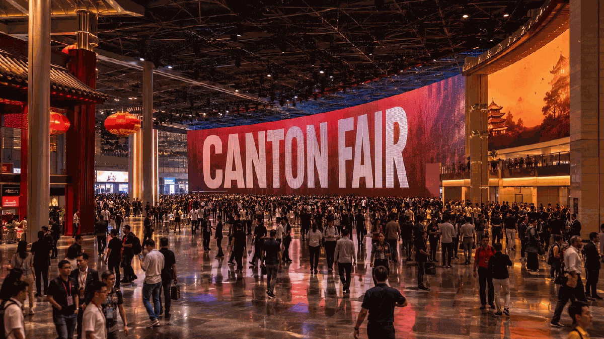 Entrada principal da Canton Fair Guangzhou — painel LED Canton Fair com milhares de compradores no hall de acesso