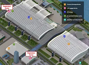 Mapa do complexo de Pazhou com as áreas de registro