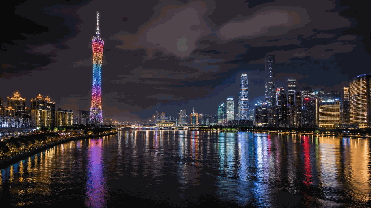 Skyline de Guangzhou à noite com Canton Tower iluminada e reflexos no Rio Pérola — cidade sede da Canton Fair China